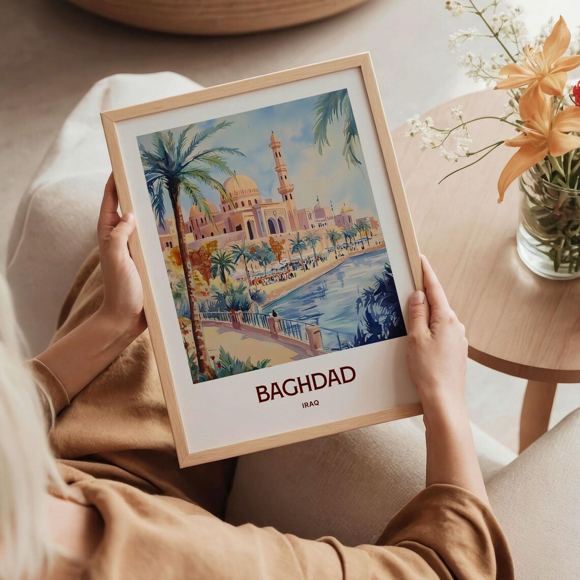 Baghdad Iraq Watercolor Mosque River Palms Riverside Promenade Art Poster - Image 5