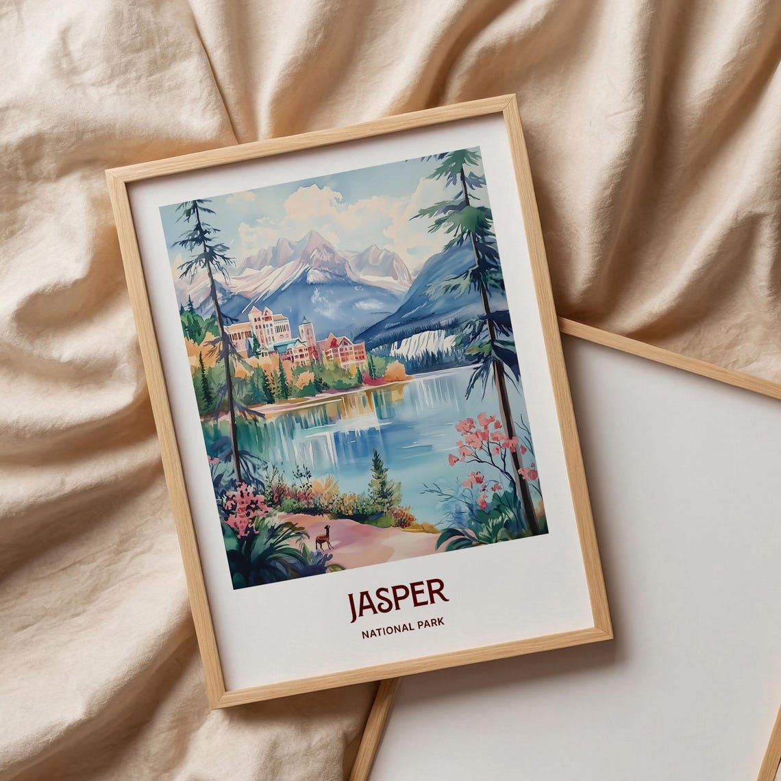 Jasper National Park Alpine Lake Watercolor Poster Mountain Lodge - Image 3