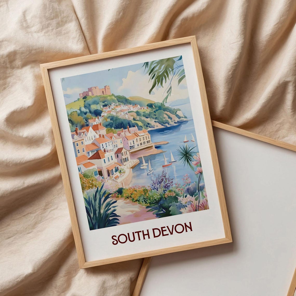South Devon England Watercolor Harbor Castle Coast Town Poster - Image 3
