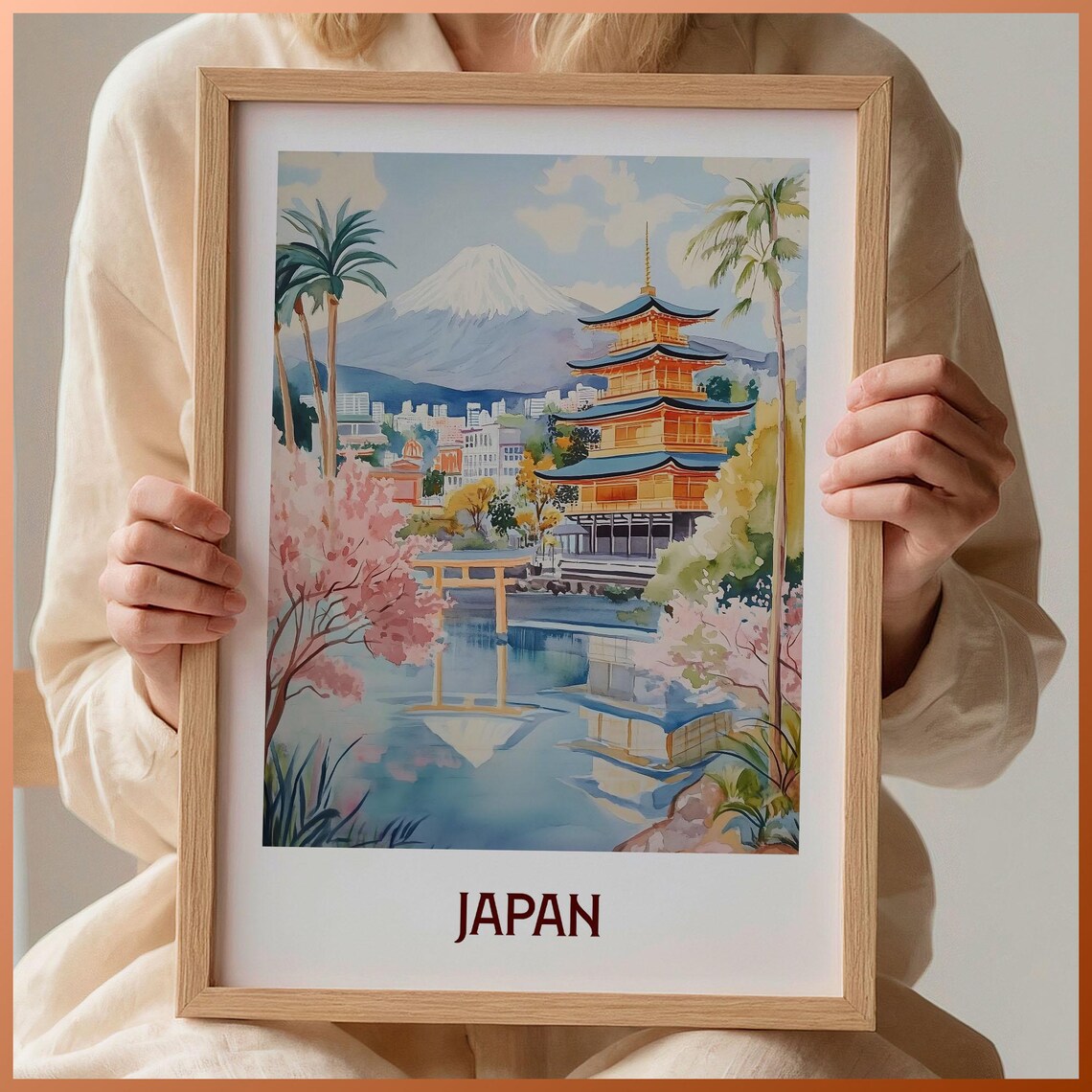 Japan Watercolor Mount Fuji Golden Pagoda Cherry Blossom Poster