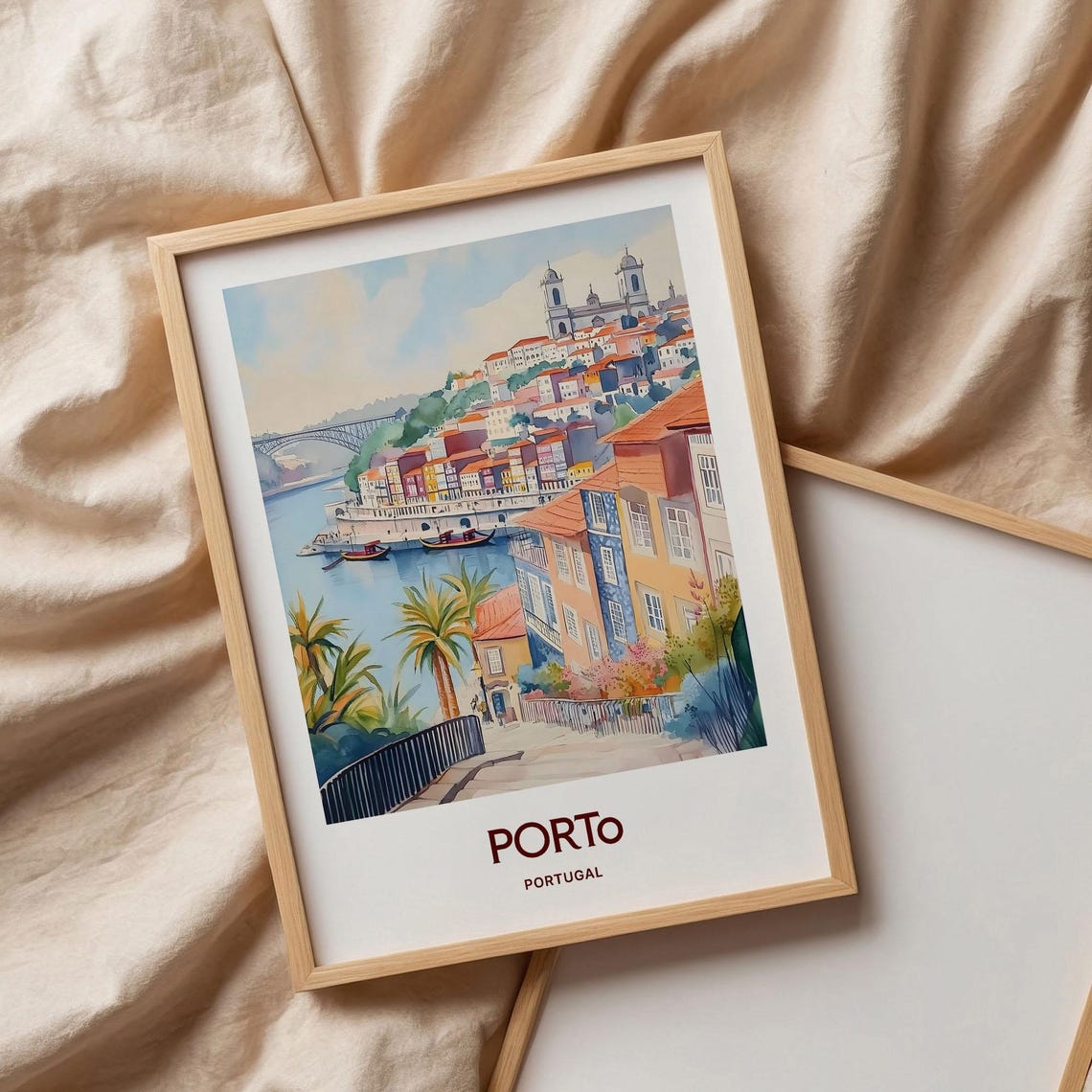 Porto Portugal Riverside Ribeira Bridge Watercolor Travel Poster - Image 3