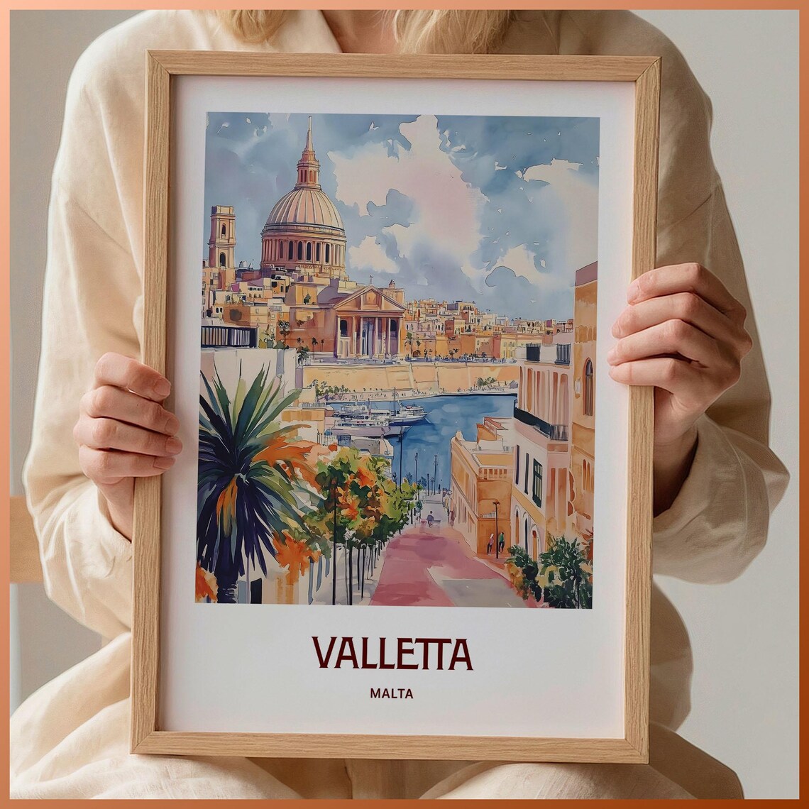 Valletta Malta Harbour Dome Basilica Watercolor Travel Poster Gift