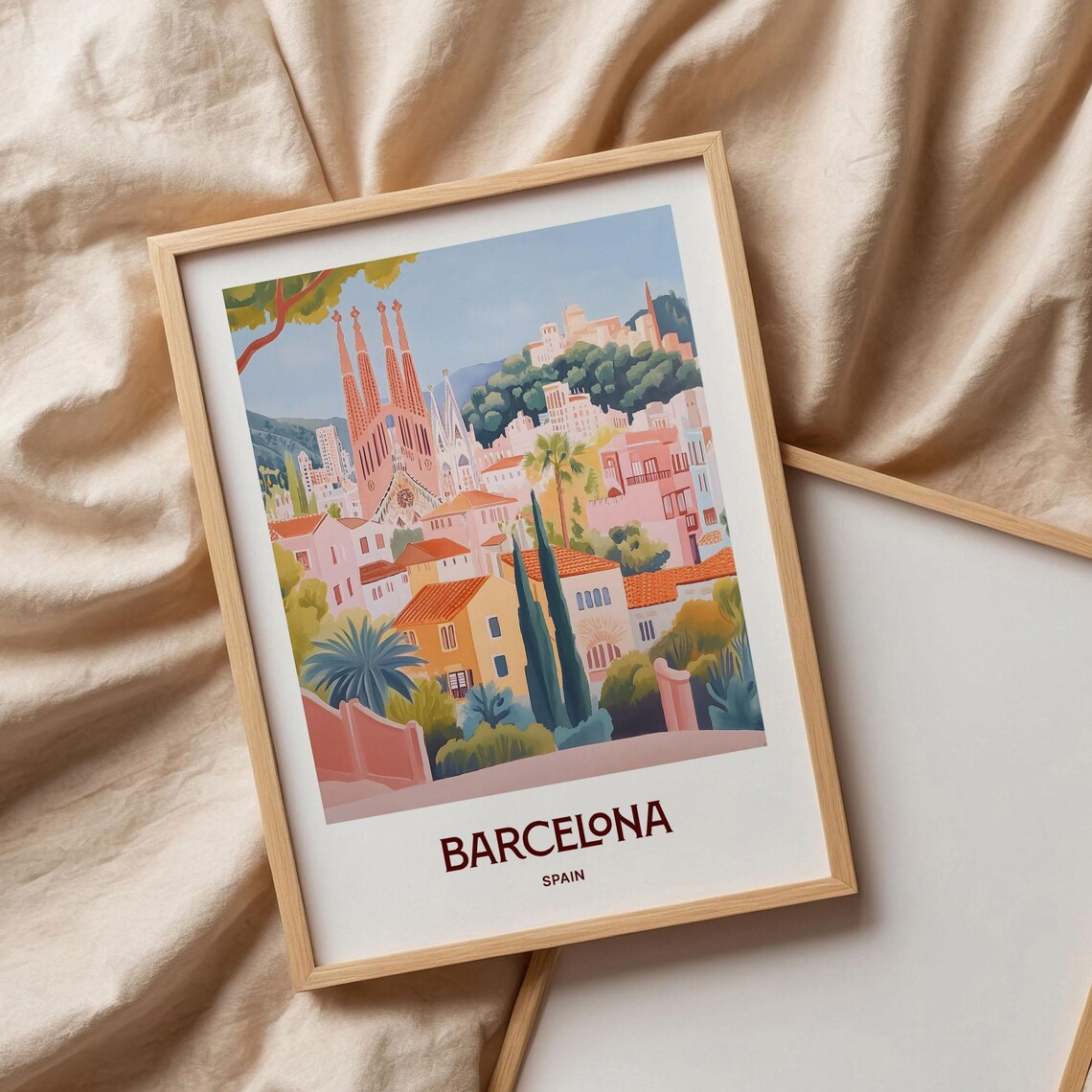 Barcelona Spain Sagrada Familia Cityscape Pastel Scene Art Poster - Image 3