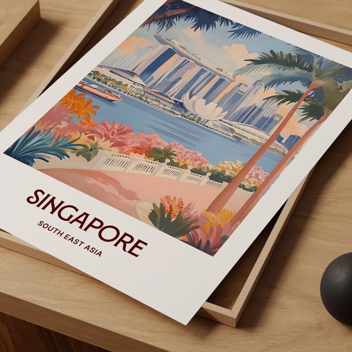 Singapore City Marina Bay Sands Skyline Palm Trees Travel Poster - Image 2