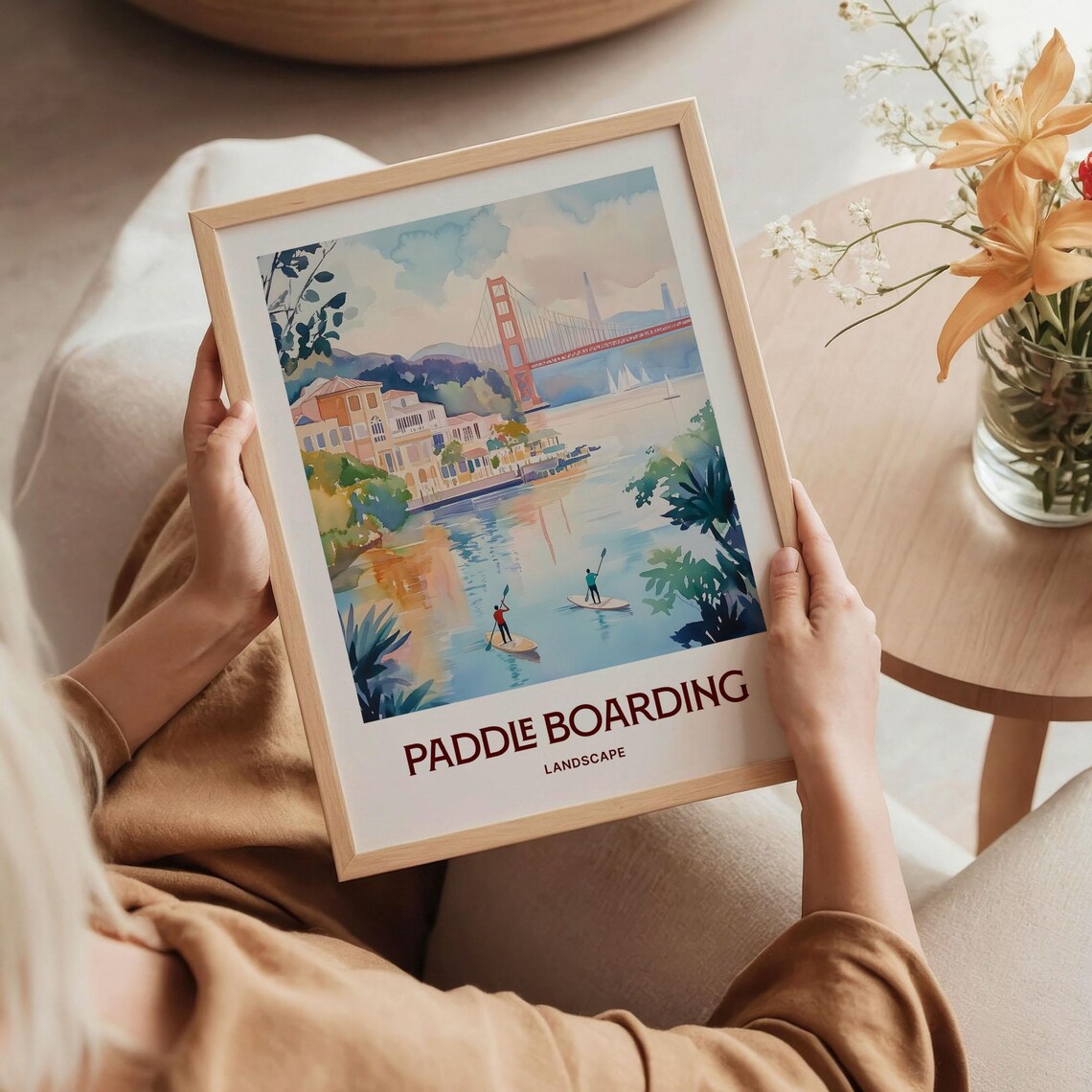 Paddle Boarding Golden Gate Bay Watercolor Travel Poster California - Image 5