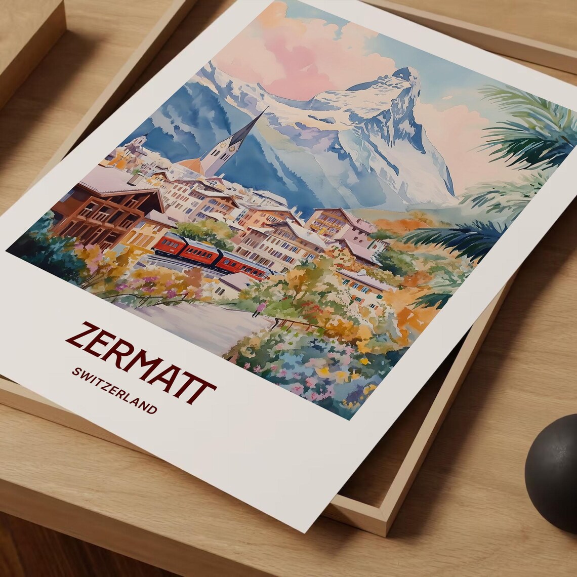 Zermatt Switzerland Watercolor Matterhorn Train Village Poster - Image 2