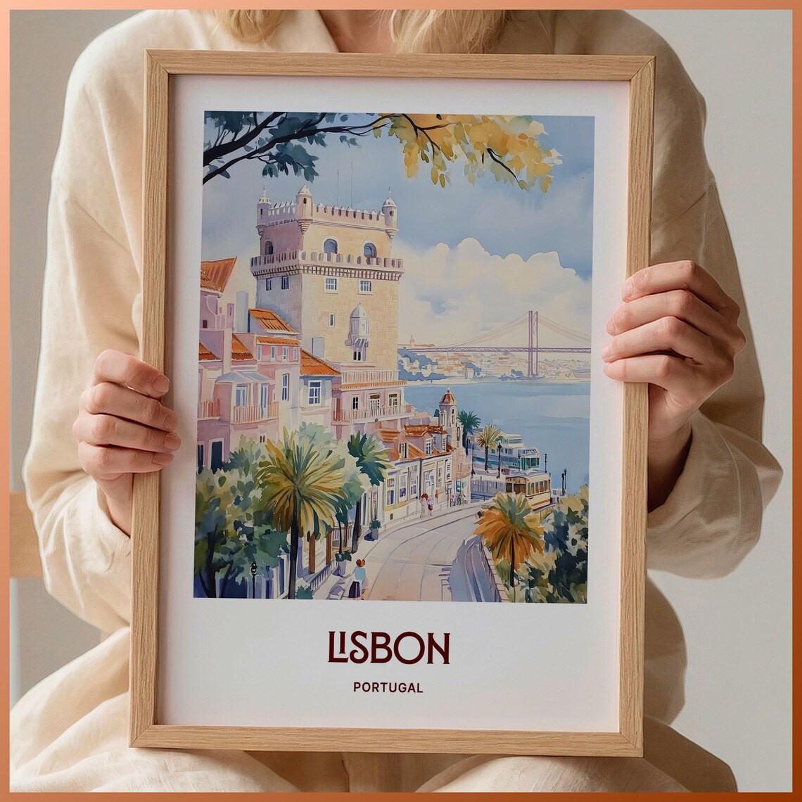 Lisbon Portugal Belem Tower Bridge Tram Watercolor Travel Poster