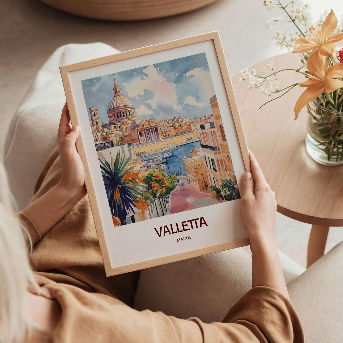 Valletta Malta Harbour Dome Basilica Watercolor Travel Poster Gift - Image 5