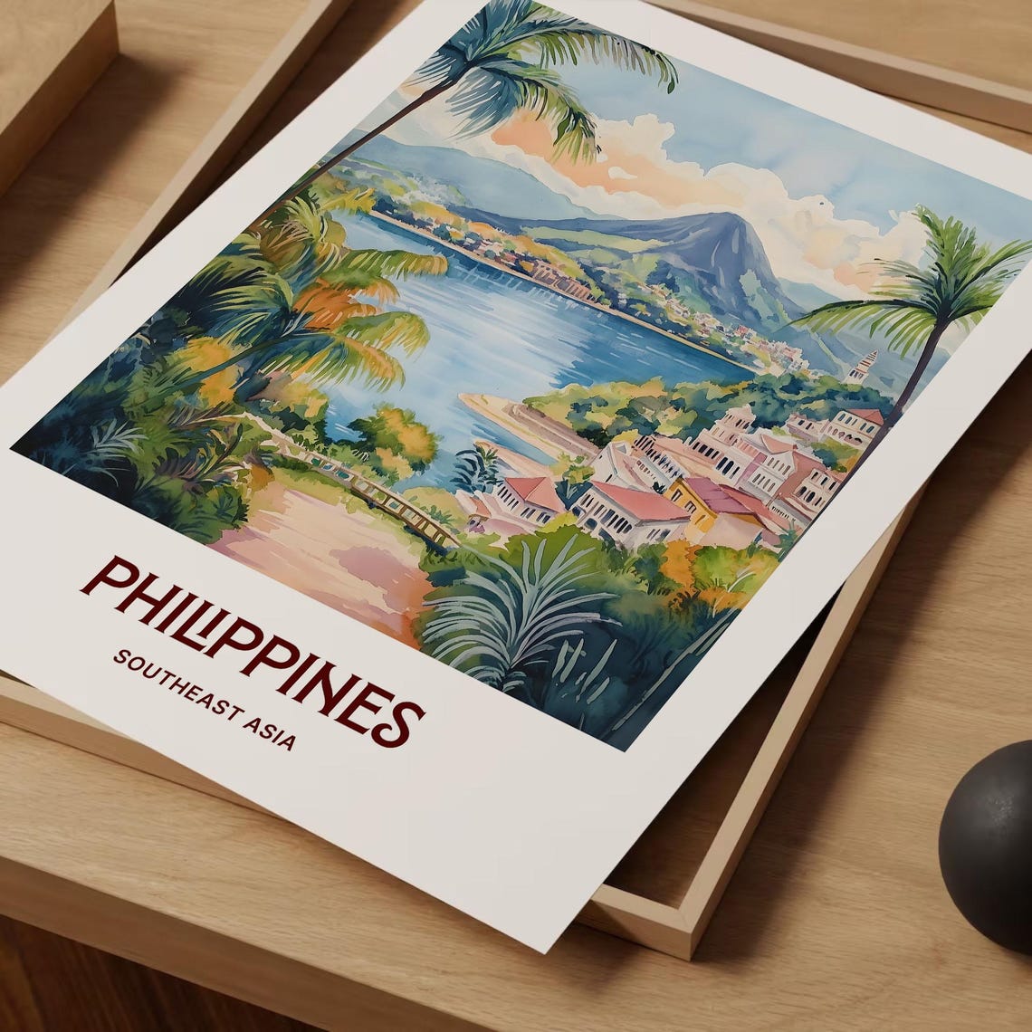 Philippines Volcano Lake Tropical Town Watercolor Travel Poster - Image 2
