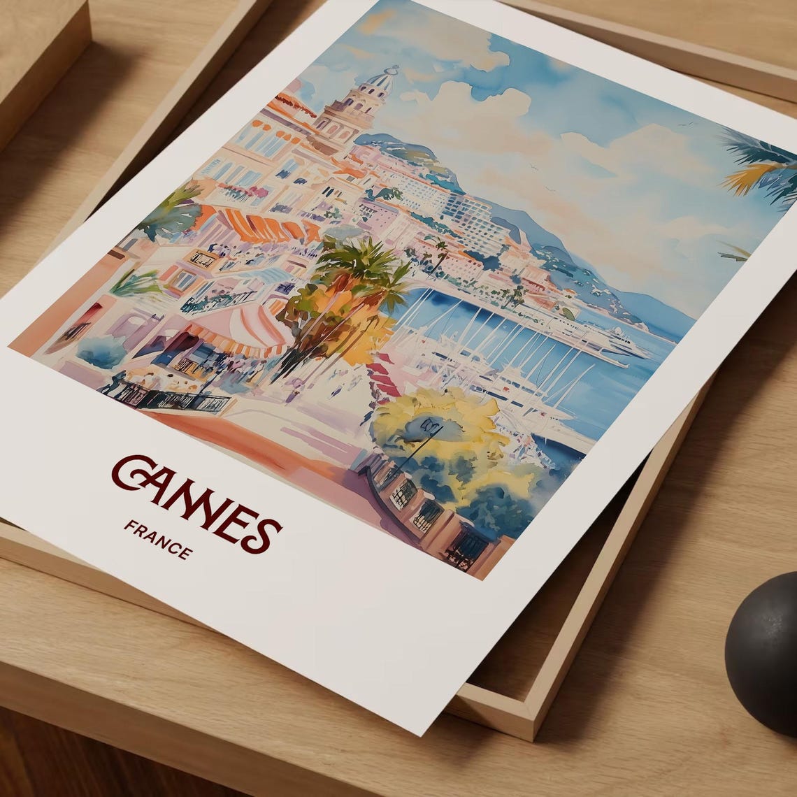 Cannes France Riviera Harbor Pastel Watercolor Travel Poster - Image 2
