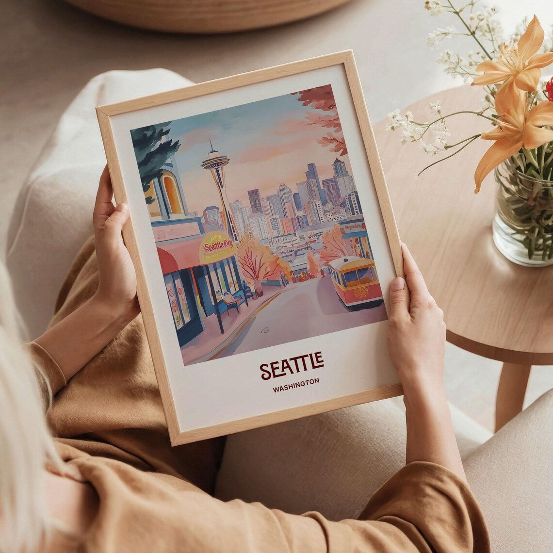 Seattle Washington Space Needle Skyline Trolley Watercolor Travel Poster - Image 5
