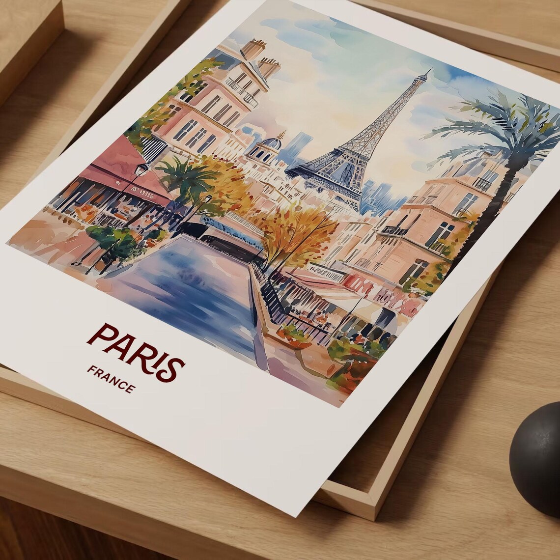Paris France Eiffel Tower Street Cafe Watercolor Travel Poster - Image 2