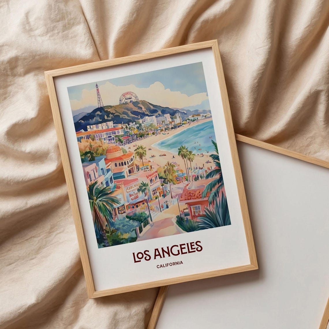 Los Angeles Beachfront Ferris Wheel Watercolor California Poster - Image 3