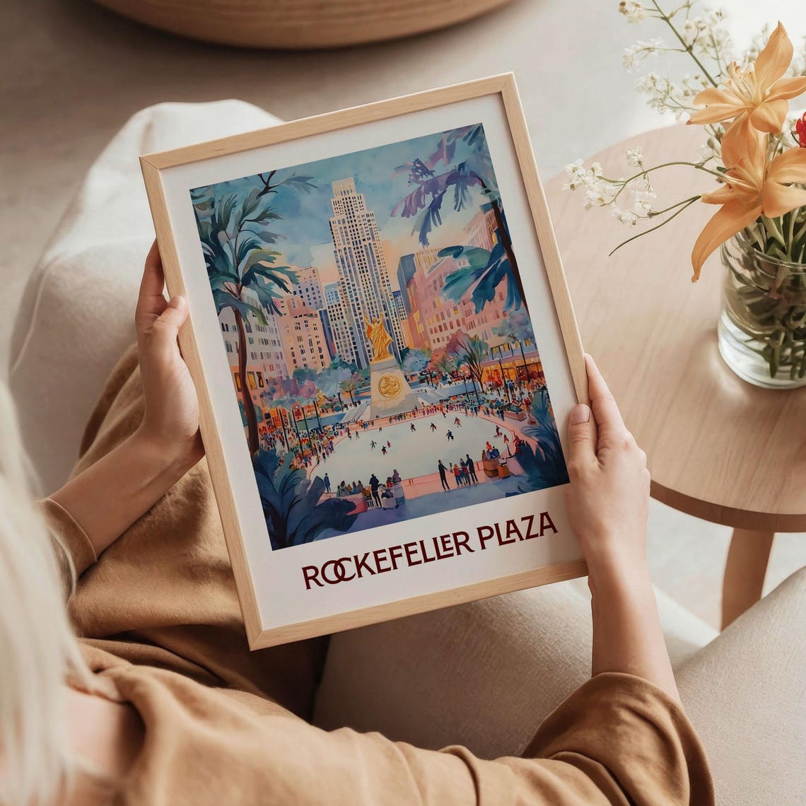 Rockefeller Plaza Ice Rink New York Watercolor Winter Poster Scene - Image 5
