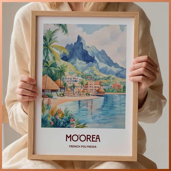 Moorea French Polynesia Island Peak Watercolor Travel Poster