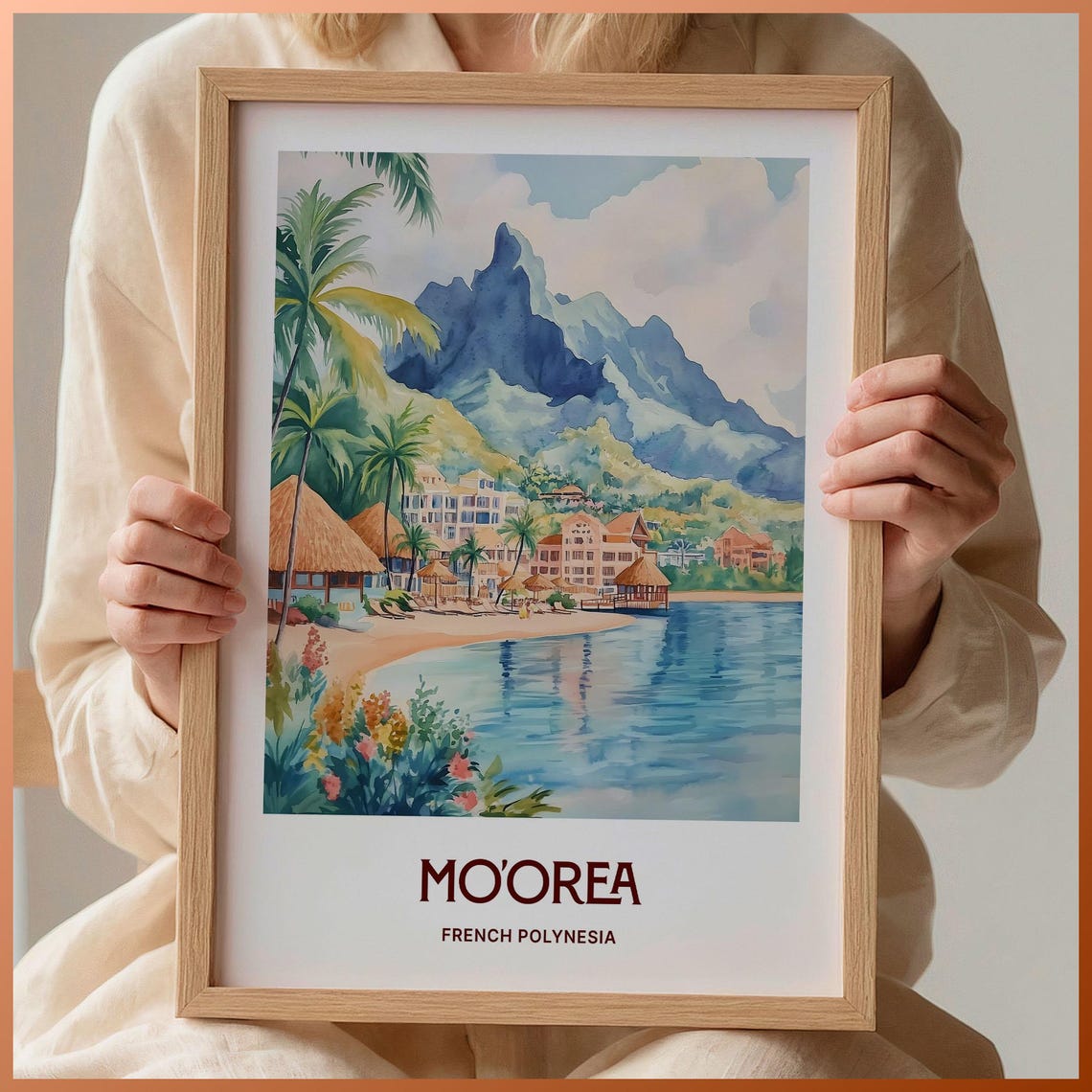 Moorea French Polynesia Island Peak Watercolor Travel Poster