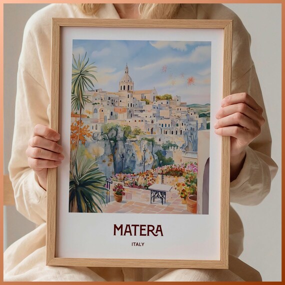 Matera Italy Watercolor Ancient Cave Dwellings Flower Terrace View Poster