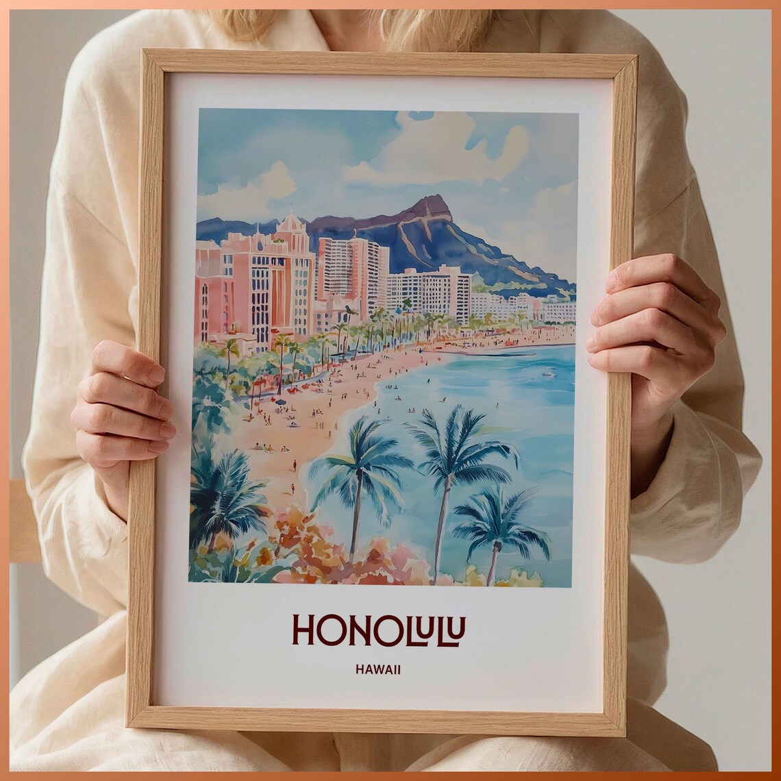 Honolulu Hawaii Waikiki Diamond Head Beach Watercolor Travel Poster