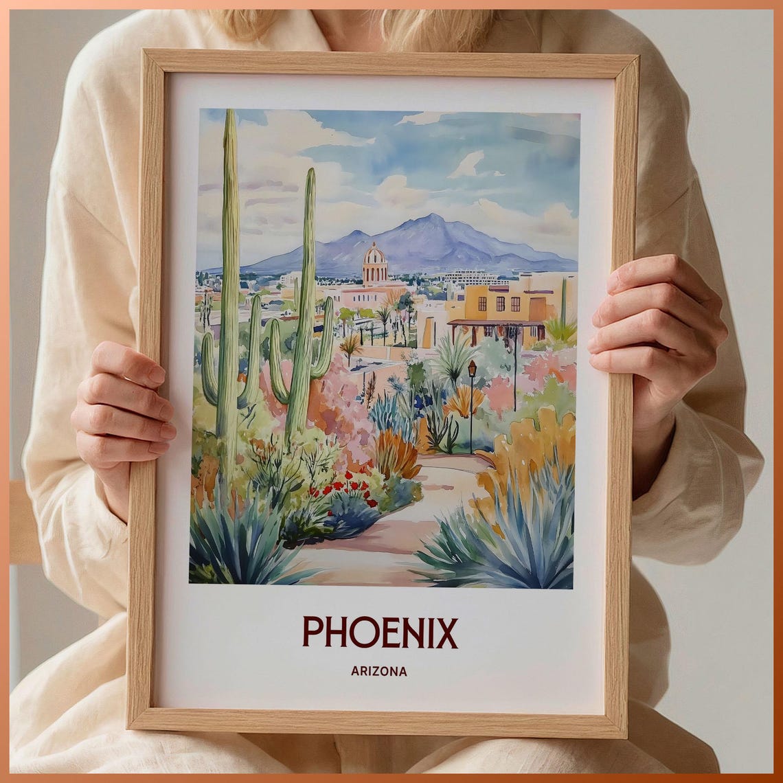 Phoenix Arizona Desert Garden Watercolor Poster Saguaro Cacti