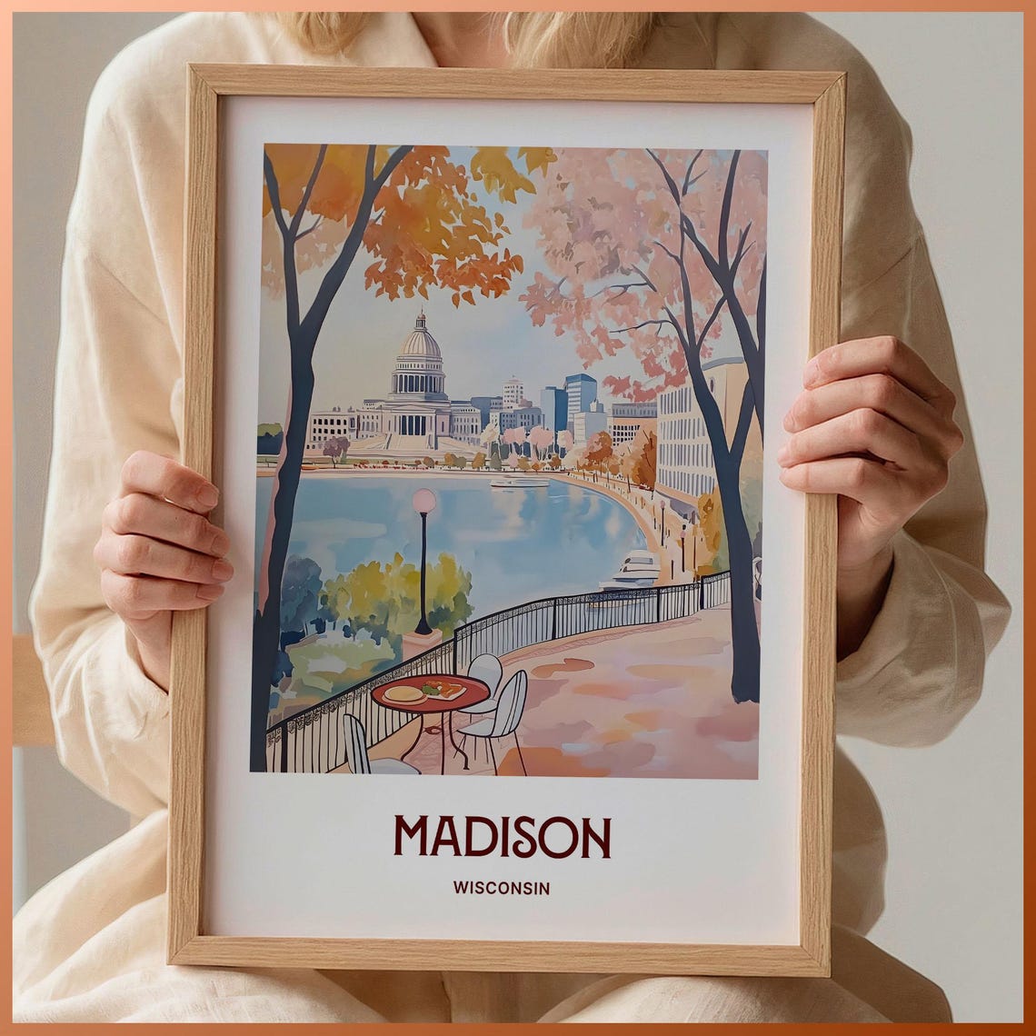 Madison Wisconsin Capitol Building Over Lake Autumn Trees Poster