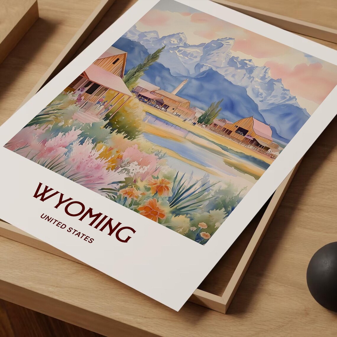 Wyoming Teton Mountains Ranch Barn Wildflowers Watercolor Travel Poster - Image 2