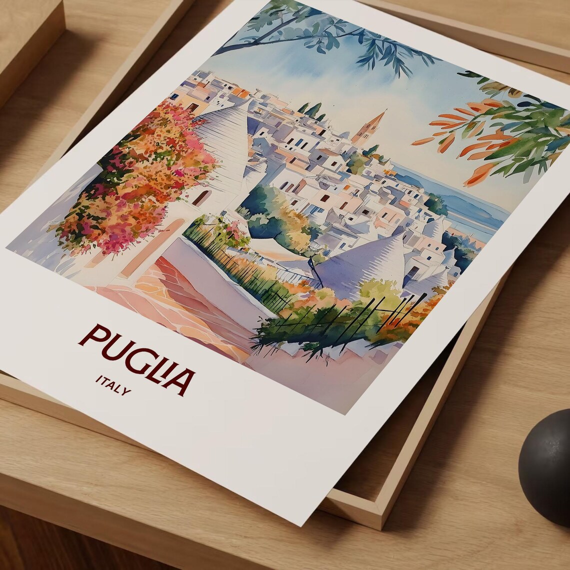 Puglia Italy Trulli Village Bougainvillea Watercolor Travel Poster - Image 2