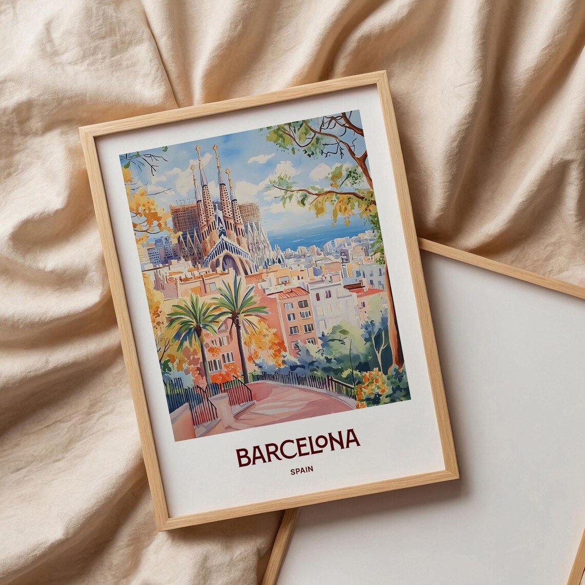 Barcelona Spain Sagrada Familia Cathedral Watercolor Travel Poster - Image 3