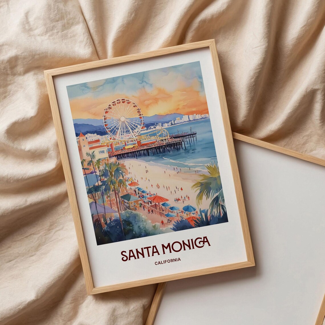 Santa Monica California Pier Ferris Wheel Beach Sunset Watercolor Travel Poster - Image 3