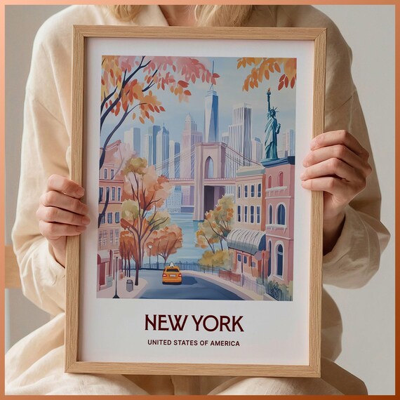 New York City Brooklyn Bridge Statue of Liberty Autumn Art Poster