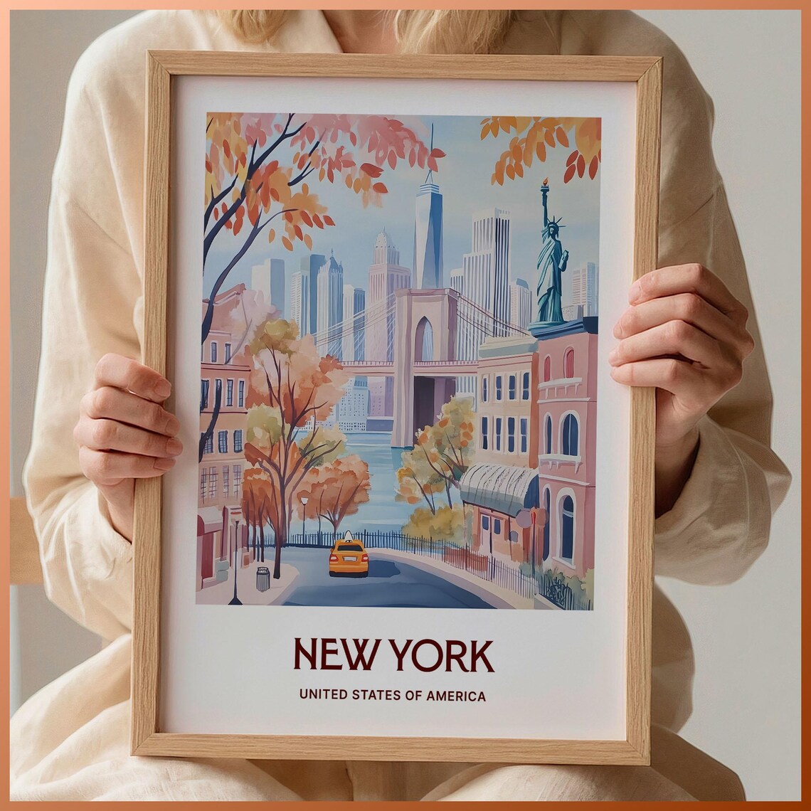 New York City Brooklyn Bridge Statue of Liberty Autumn Art Poster