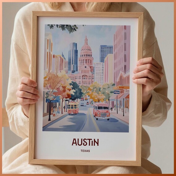 Austin Texas Capitol Building Downtown Street Watercolor Travel Poster