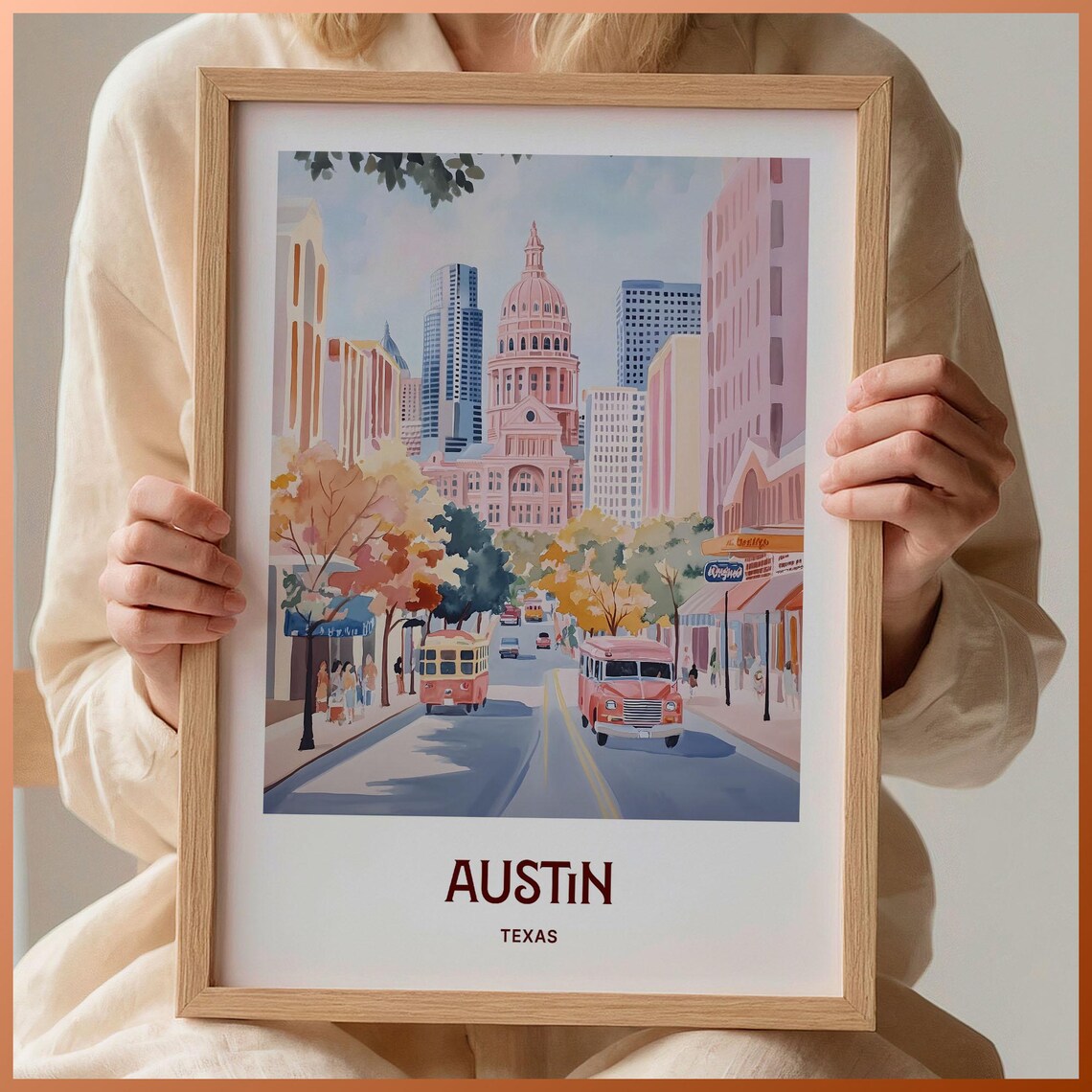 Austin Texas Capitol Building Downtown Street Watercolor Travel Poster