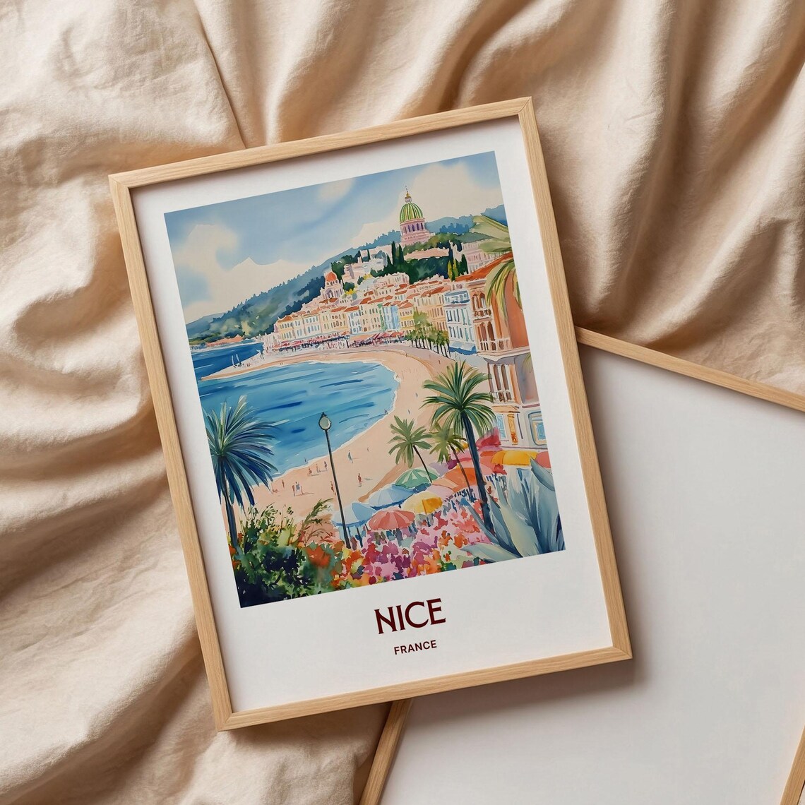 Nice France Baie des Anges Beach Palms Watercolor Travel Poster - Image 3