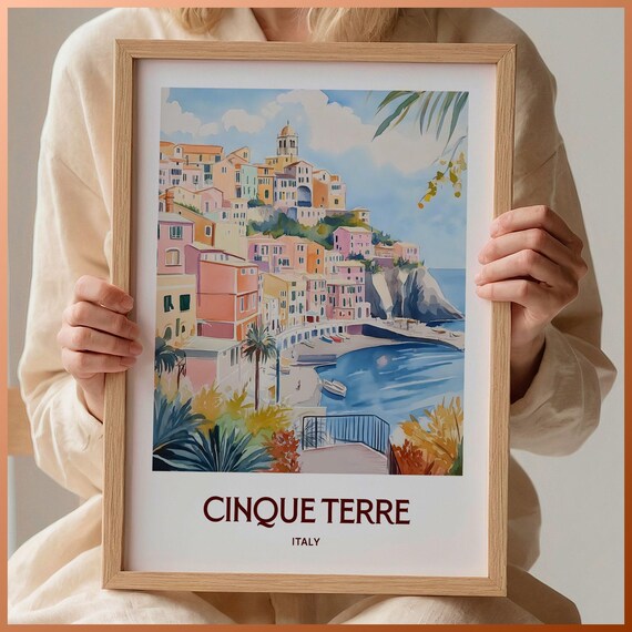 Cinque Terre Italy Colorful Coastal Village Pastel Watercolor Poster