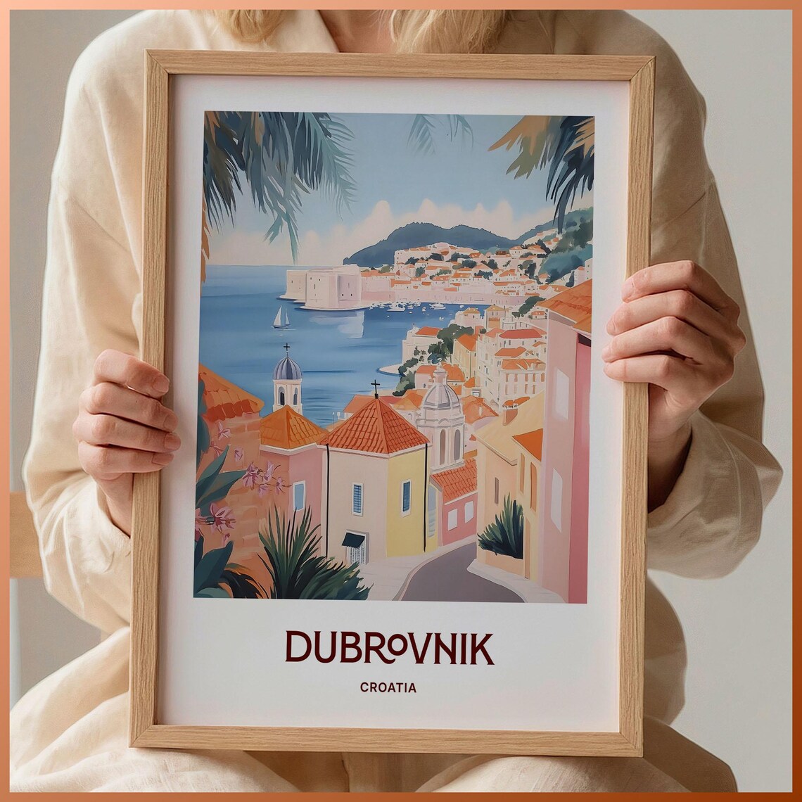 Dubrovnik Croatia Old Town Harbor Terracotta Roofs Watercolor Travel Poster