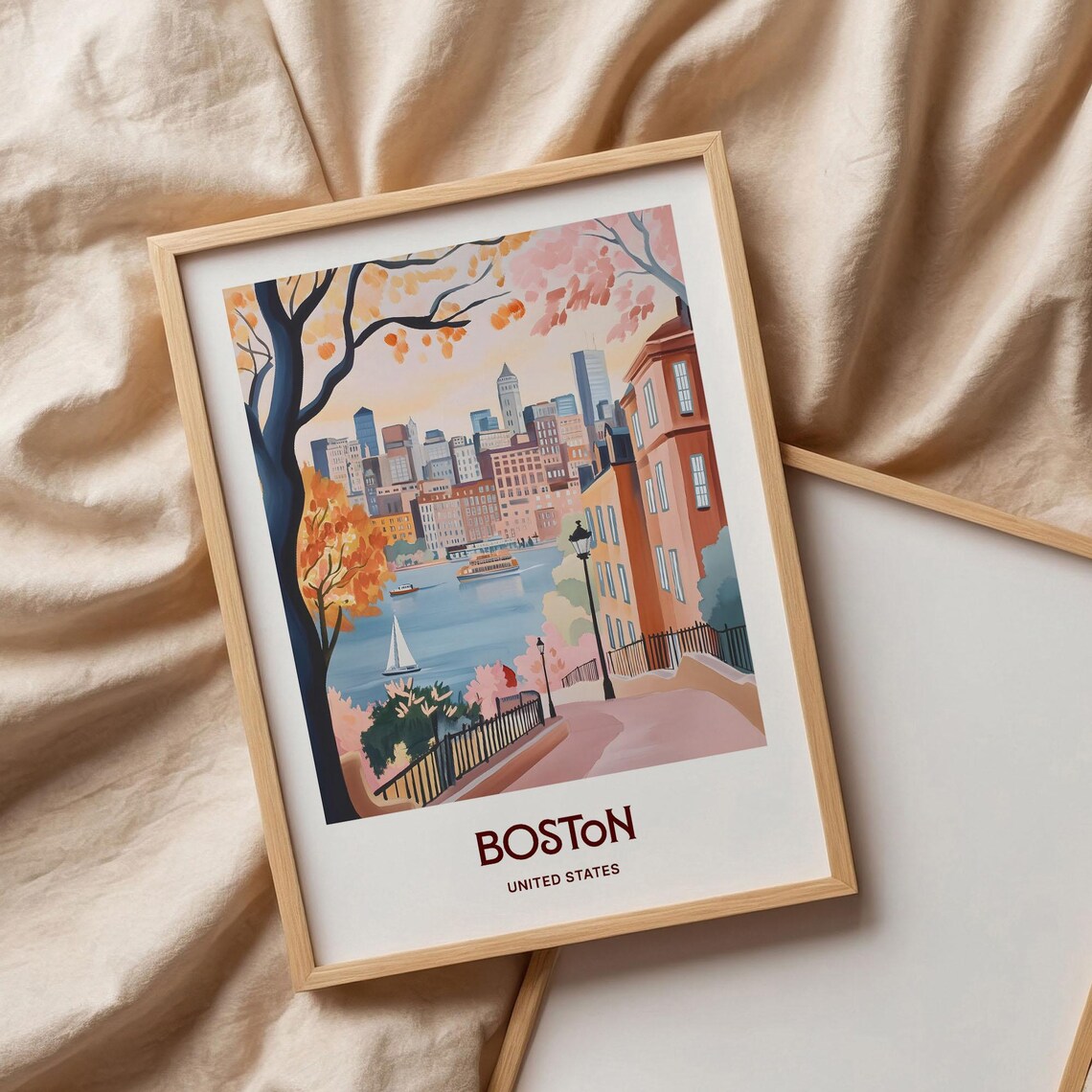 Boston United States Pastel Harbor Skyline Autumn Scene Poster - Image 3