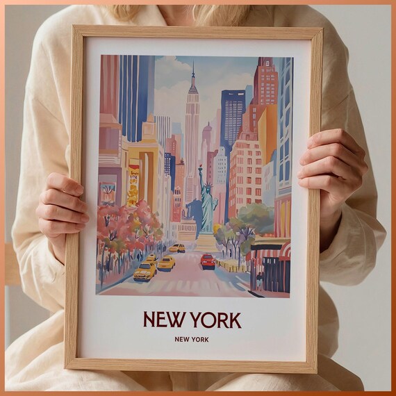 New York City Street Statue Of Liberty Empire State Cabs Travel Poster