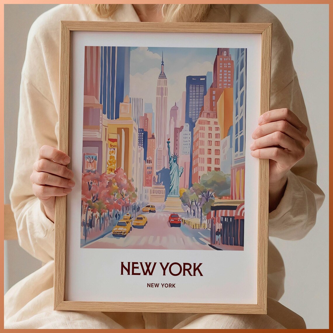 New York City Street Statue Of Liberty Empire State Cabs Travel Poster
