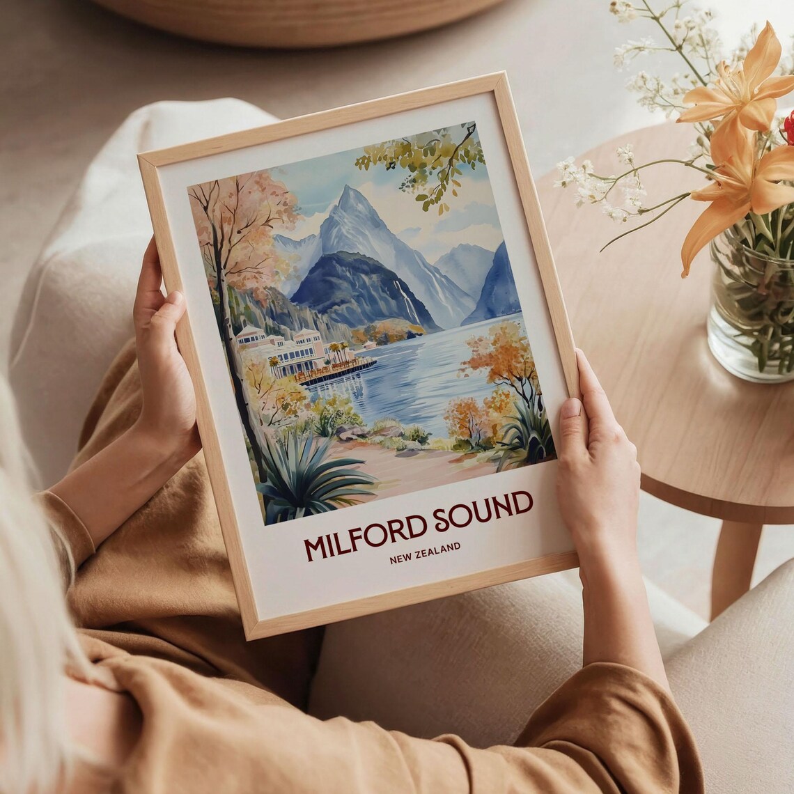 Milford Sound New Zealand Fjord Mountains Watercolor Travel Poster - Image 5