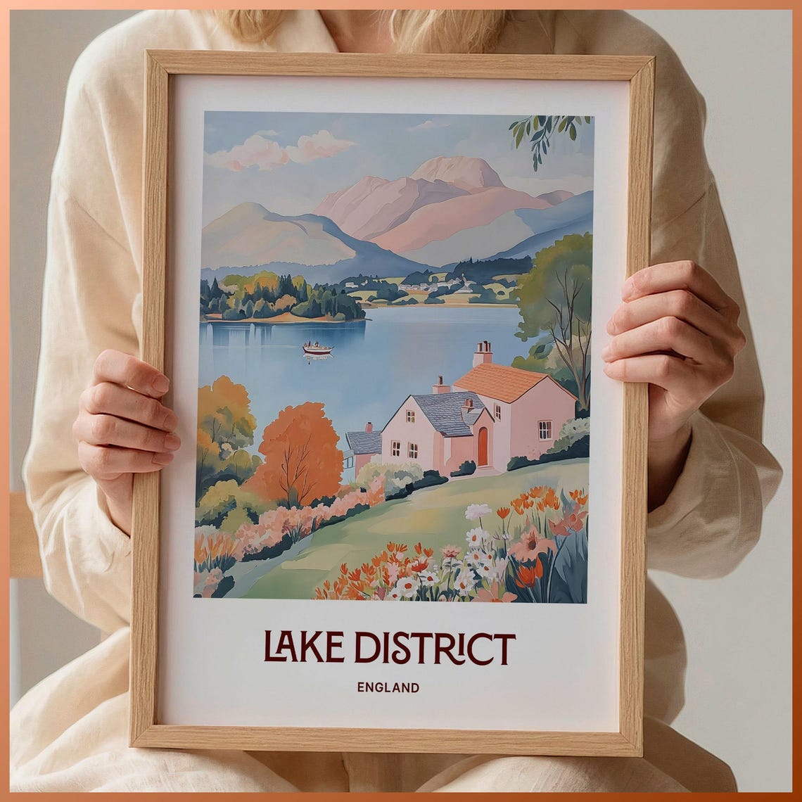 Lake District England Pastel Cottage Lake Rowboat Fells Poster