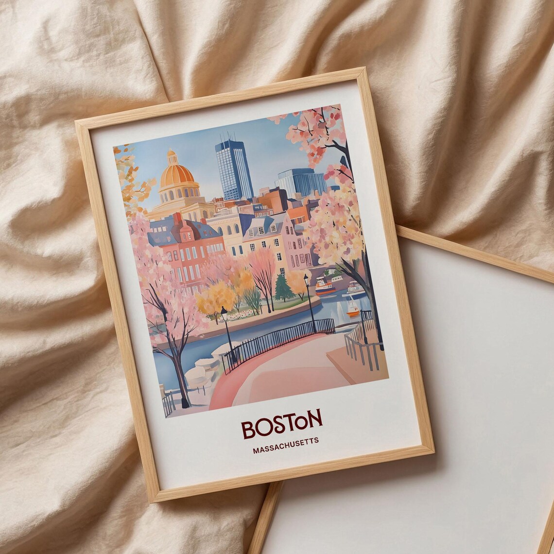 Boston Massachusetts State House Dome Park Boats Watercolor Travel Poster - Image 3