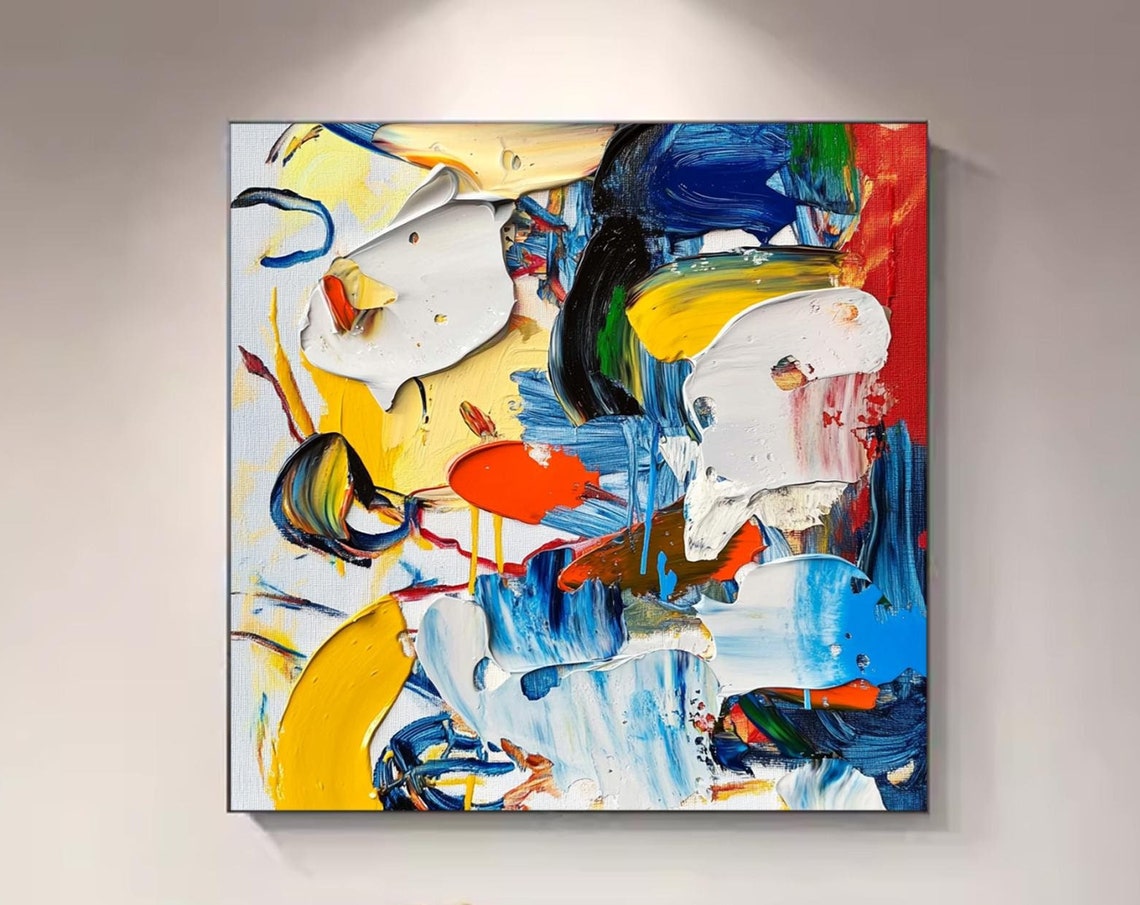 Vibrant Abstract Impasto Yellow Blue Red Bold Painterly Art Poster