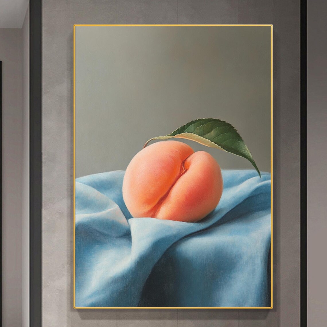 Realistic Ripe Peach Still Life Painting On Blue Silk Cloth Poster