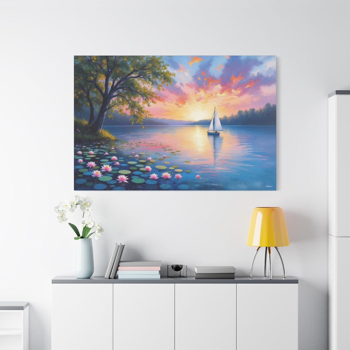 Sailboat Sunset Lake Water Lilies Impressionist Painting Art Poster - Image 2