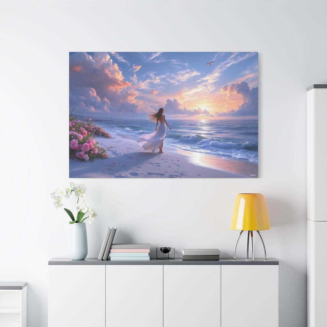 Woman In White Dress Walking A Flower Lined Sunset Beach Ocean Poster - Image 2