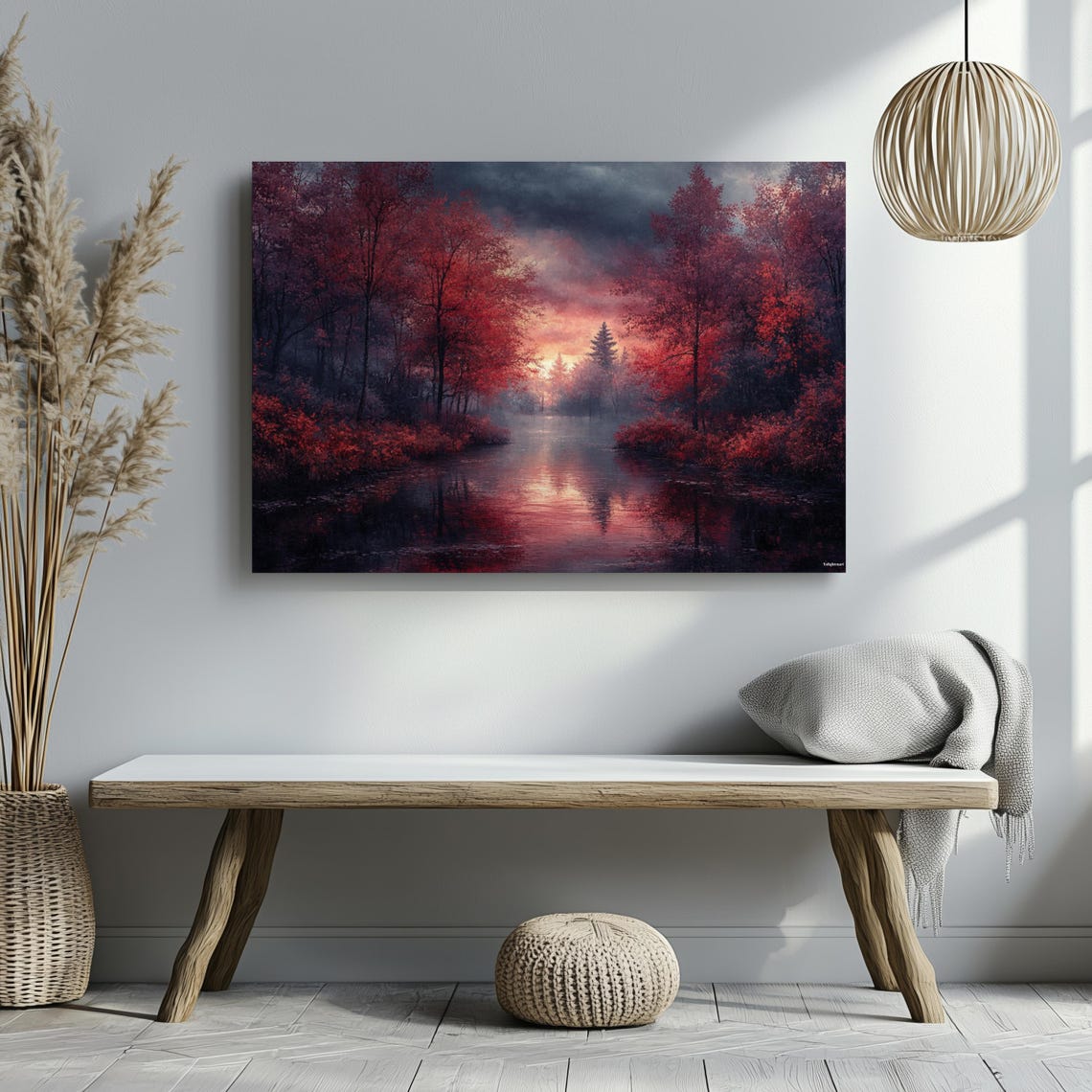 Crimson Red Trees River Dusk Reflection Moody Forest Art Poster