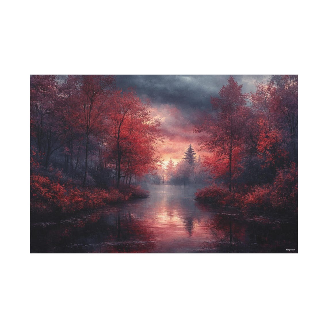 Crimson Red Trees River Dusk Reflection Moody Forest Art Poster - Image 3