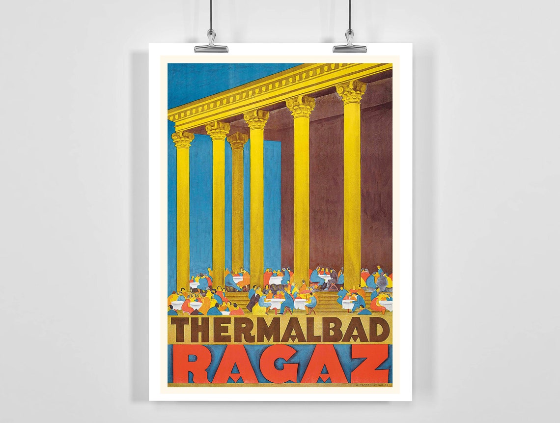 Thermalbad Ragaz Swiss Spa Colonnade Grand Hall Vintage Travel Poster
