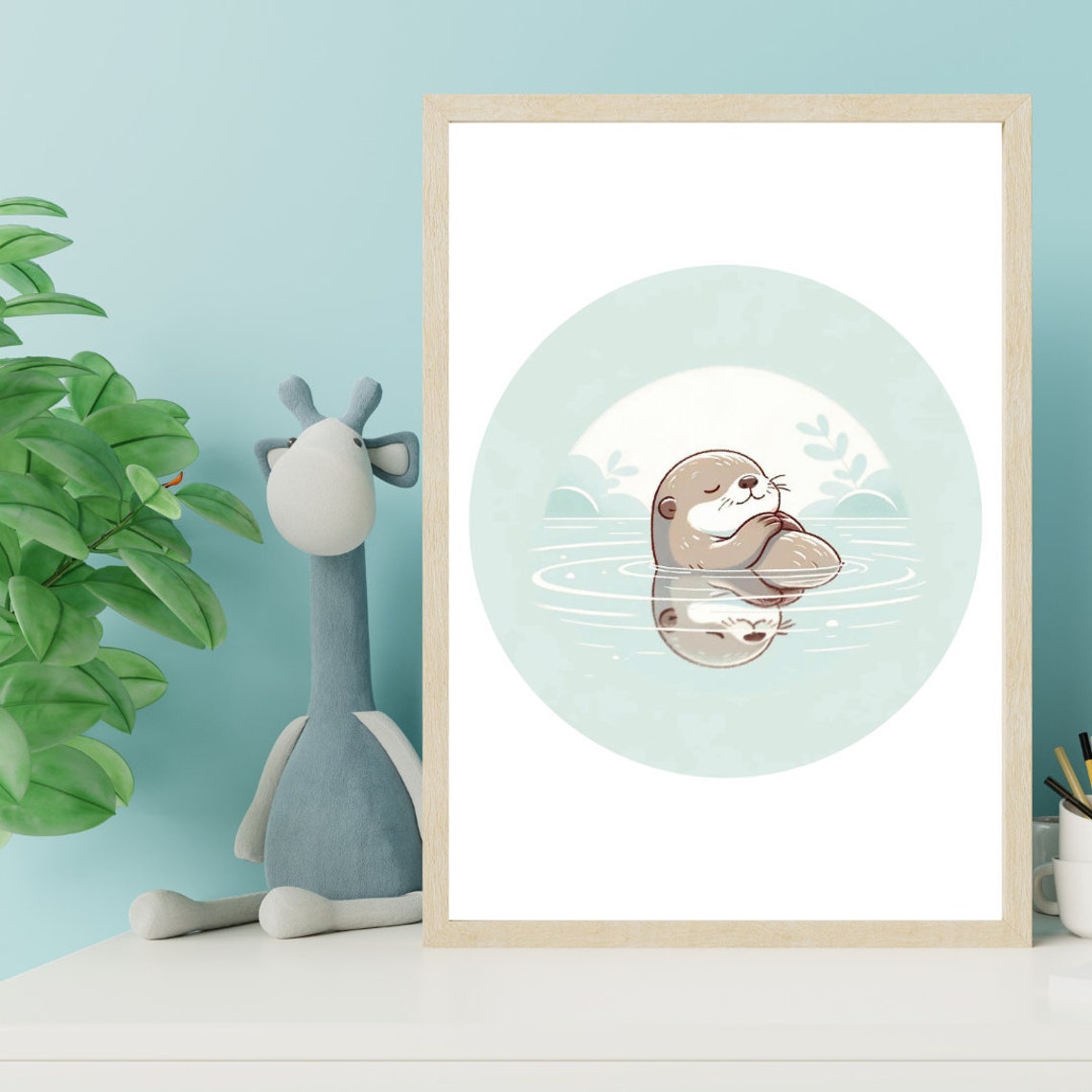 Curled Otter Resting Water Reflection Mint Nursery Wall Poster - Image 4