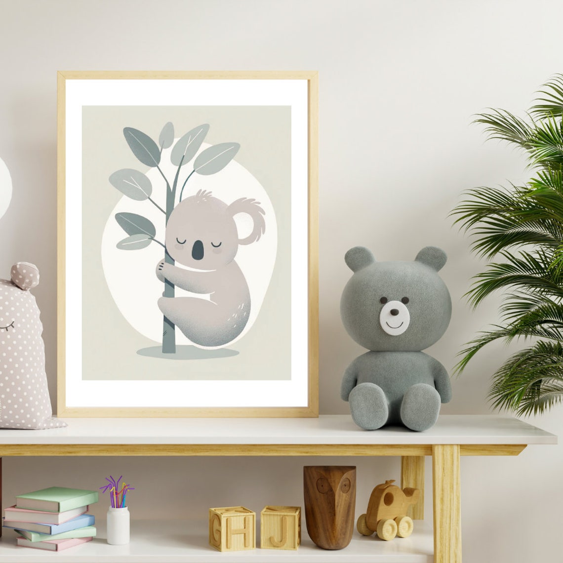 Sleepy Koala Hugging Eucalyptus Branch Soft Nursery Art Poster